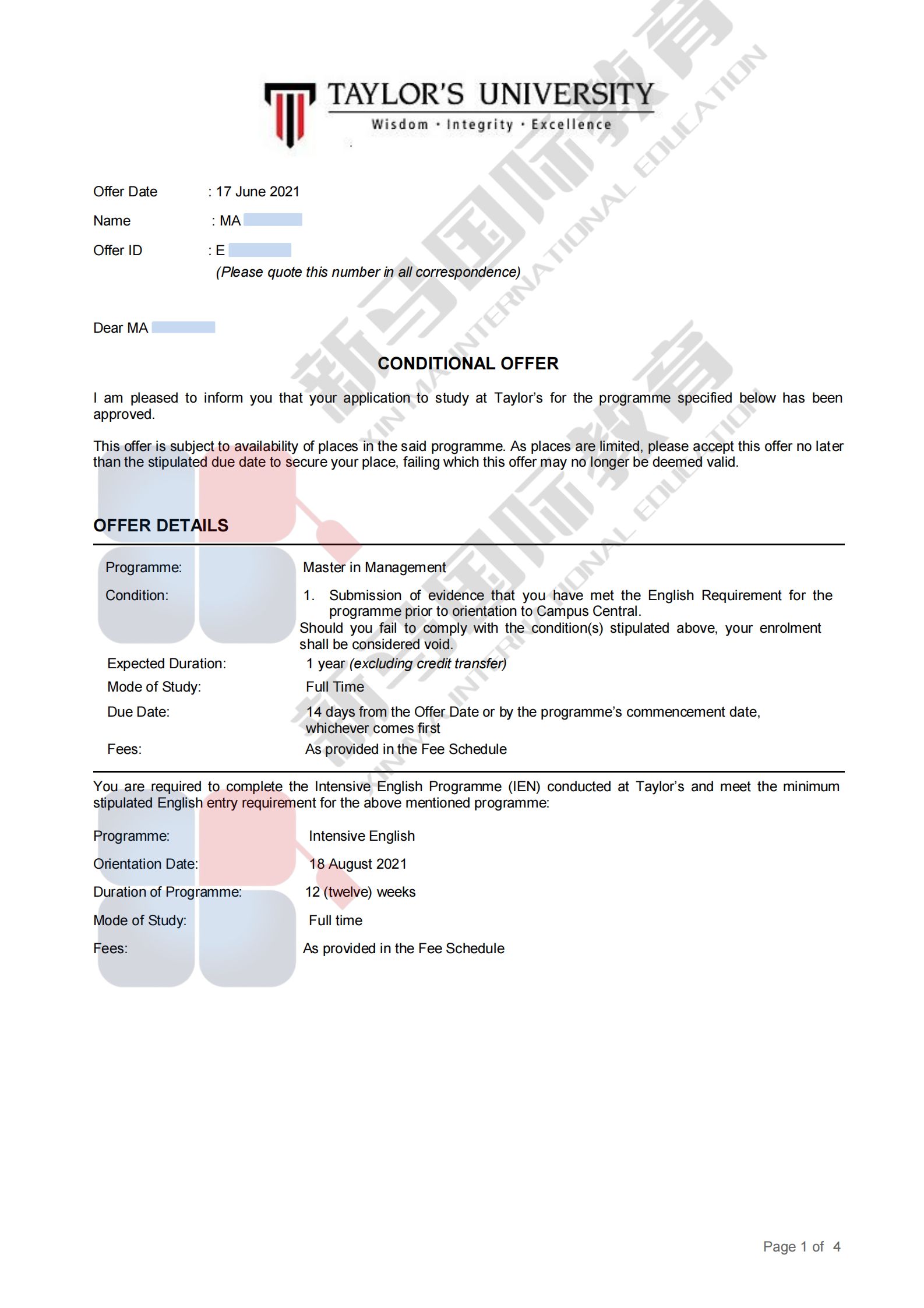 馬來西亞留學(xué)-馬同學(xué)泰萊大學(xué)【管理碩士】offer成功案例(圖2)